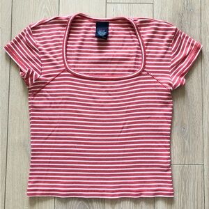Tommy Jeans Y2K Square Neck Striped Cropped T Shirt in Orange & White Size S
